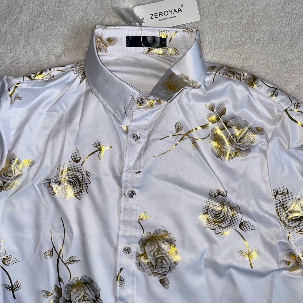 ZEROYAA Men's Floral Slim Fit Long Sleeve new white tags Size L - Picture 5 of 10